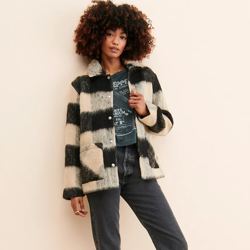 BlankNYC Out Of Line Black and Beige Plaid Oversized wool-blend Shacket Womens M